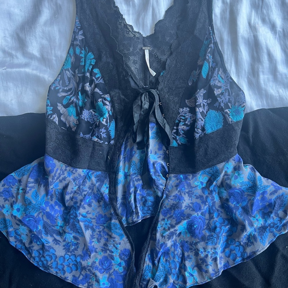 Free People Black and Blue Lace Top